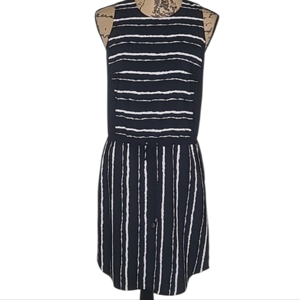 Vince Camuto Sleeveless Dress Elastic Waist Drawstring Black White